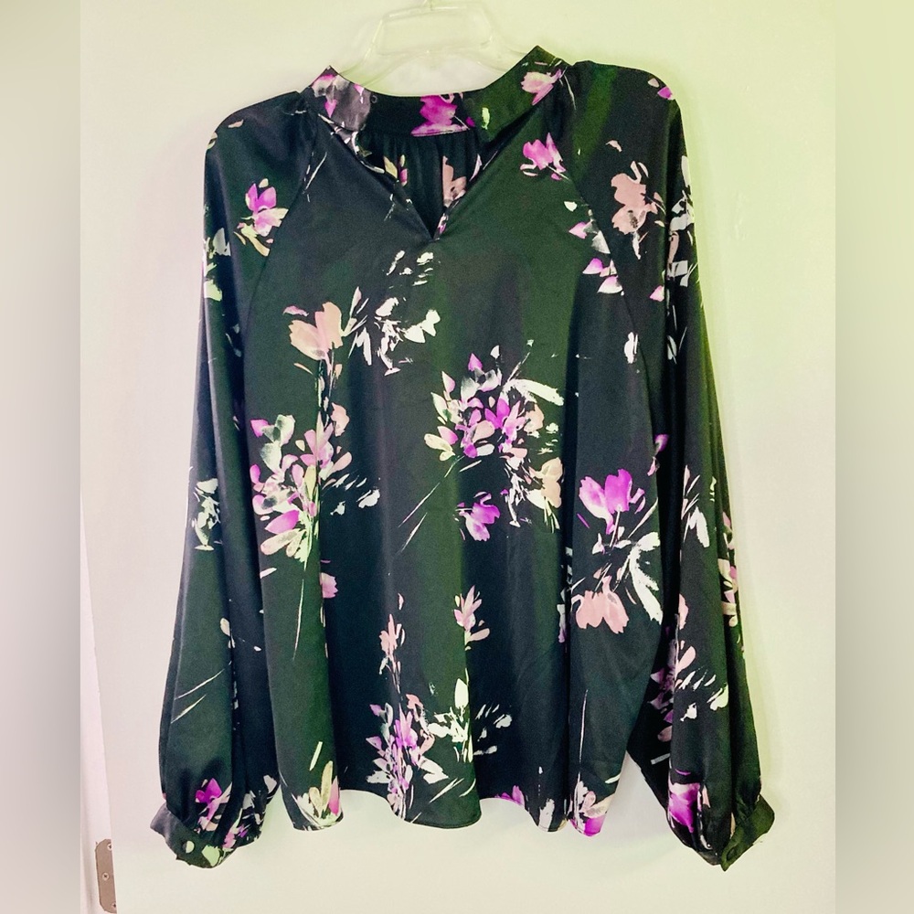 Worthington Black Purple Floral Blouse Balloon Sleeves Size 2XL